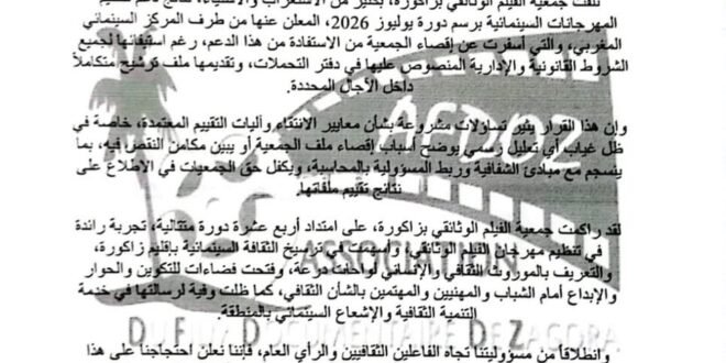 جمعية الفيلم الوثائقي بزاكورة تستنكر إقصاءها من الدعم السينمائي